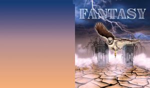 Owl flies through ancient arches beneath the lightning above the dry land