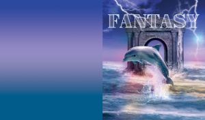 A dolphin emerges from the sea in front of an ancient temple