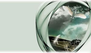 White stork flying on gray green sky over hills with feather and bush stencil below