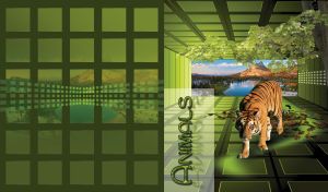 A tiger in a green cubic pattern room and a landscape of wild nature is behind it