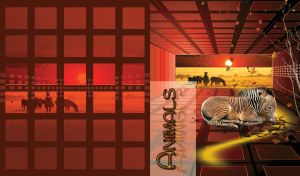 Zebra lies on the floor of a red cubic room and a landscape of a savanna behind it