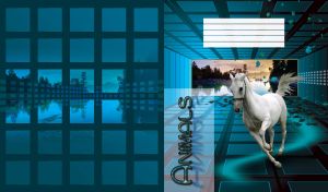 White horse gallops in a blue cubic room and a landscape of a lake behind it