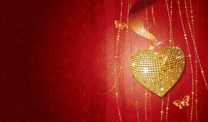 Golden disco heart and bead curtain on a swirl patterned maroon gradient