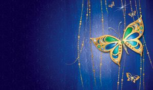 Golden butterfly encrusted with gemstones on a swirl patterned blue gradient