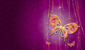 Golden butterfly encrusted with gemstones on a swirl patterned purple gradient