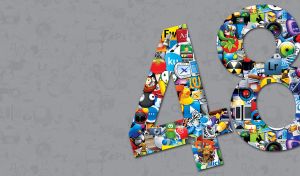 The number 48 decorated with collage colorful icons and symbols on a gray backdrop