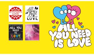 All You Need Is Love yellow concept poster with pink and blue heart-shape lovers