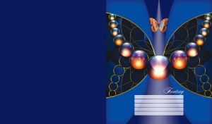 Dark blue butterfly shaped brooch with fine golden lines with galaxy pearls on blue