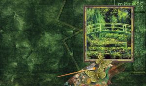 Impressionist painting by Claude Monet named Water Lily on textured green background