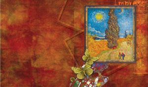 Impressionist painting by Van Gogh named Road with Cypresses on a red ochre background