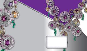 Elegant jewelry with diamonds on gray and violet wrapping