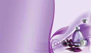 Purple dried rose petals and spa bottle set on pastel violet gradient