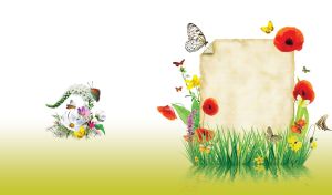 Parchment in the olive pond weeds surrounded by poppies and butterflies