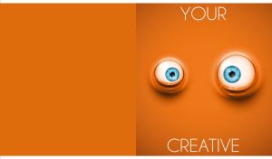 Creative digital art with funny blue eyes close-up on an orange background