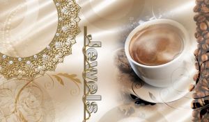 White cup of hot black coffee with chocolate chip cookies on the saucer on beige