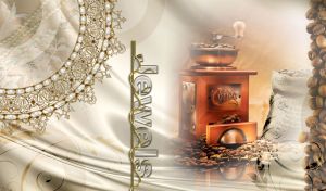 Wooden coffee mill and the bag of coffee beans against a beige background