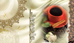 Red cup of coffee with cinnamon quills on a saucer with a white rose on beige