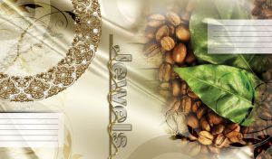 Coffee beans and green leaves on a wooden table against a beige background