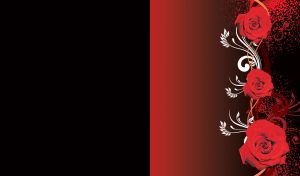 Chain of scarlet roses intertwines with swirl and leaf patterns on dark red