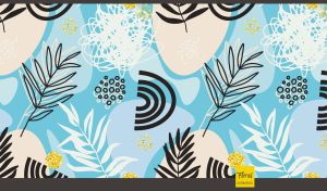 Abstract leaf pattern with hand drawn elements on blue and white