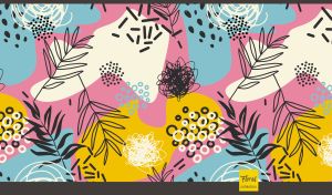 Abstract leaf pattern with hand drawn elements on pink, blue, and yellow