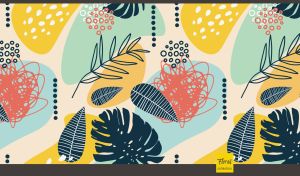 Abstract leaf pattern with hand drawn doodles on yellow, green, and beige
