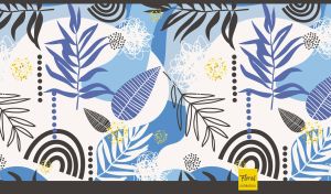 Abstract leaf pattern with hand drawn elements on pastel navy blue and white