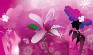 Elegant woman silhouette in a pink dress and butterfly-shaped hat with a flower