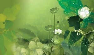 Elegant woman silhouette in a green dress and butterfly-shaped hat with a flower