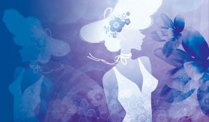 Elegant woman silhouette in a white beautiful dress, a butterfly-shaped hat with flowers