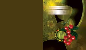 3D red currant on rounded corner shapes and a ring on an olive brown background