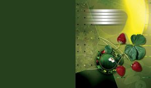 3D red strawberries on rounded corner shapes and a ring on green background