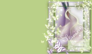 Spring theme lilac calla flower in a white frame with sparkling butterflies on a light green