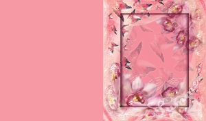 Summer theme pastel pink orchids in a pale pink vertical frame with violet butterflies