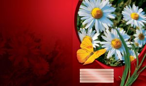 Yellow butterfly flies by the white daises in the sun on a maroon gradient