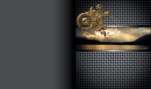 Amber adornment on grey wicker pattern and sunset rays on the lake waters