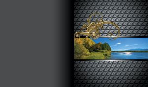 Amber adornment on grey wicker pattern and summer forest on a river bank