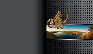 Amber adornment on grey dot pattern and autumn hills on the blue riverside