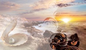 Golden sea sunset on a black rock beach behind a translucent swirl curtain