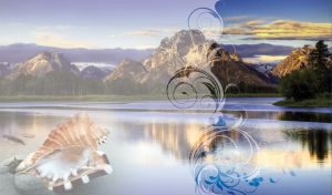 Mountain lake under the blue cloudy sky behind a translucent swirl curtain