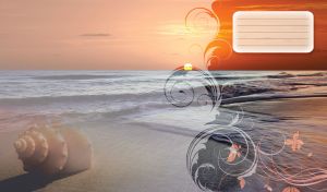 Red-orange sunset over the gray ocean waves behind a translucent swirl curtain