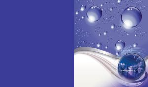 Illustration of water drops and blue background with framed snowy trees by lake