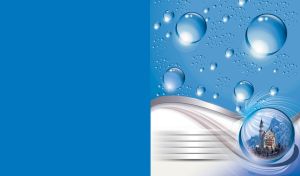 Illustration of water drops and blue background with framed mountain castle