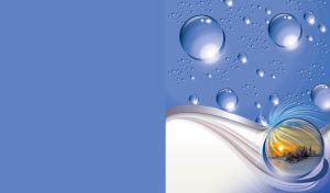 Illustration of water drops and blue background with framed snowy chapel