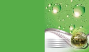 Illustration of water drops, green background and framed riverside monastery