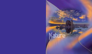 Coral island in the midst of blue waters reflecting sunset light and clouds