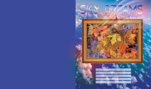 Autumn maple leaves in a golden ornate frame against the evening sky