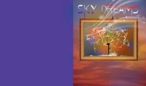 Dandelion covered in dewdrops in a golden ornate frame against the evening sky