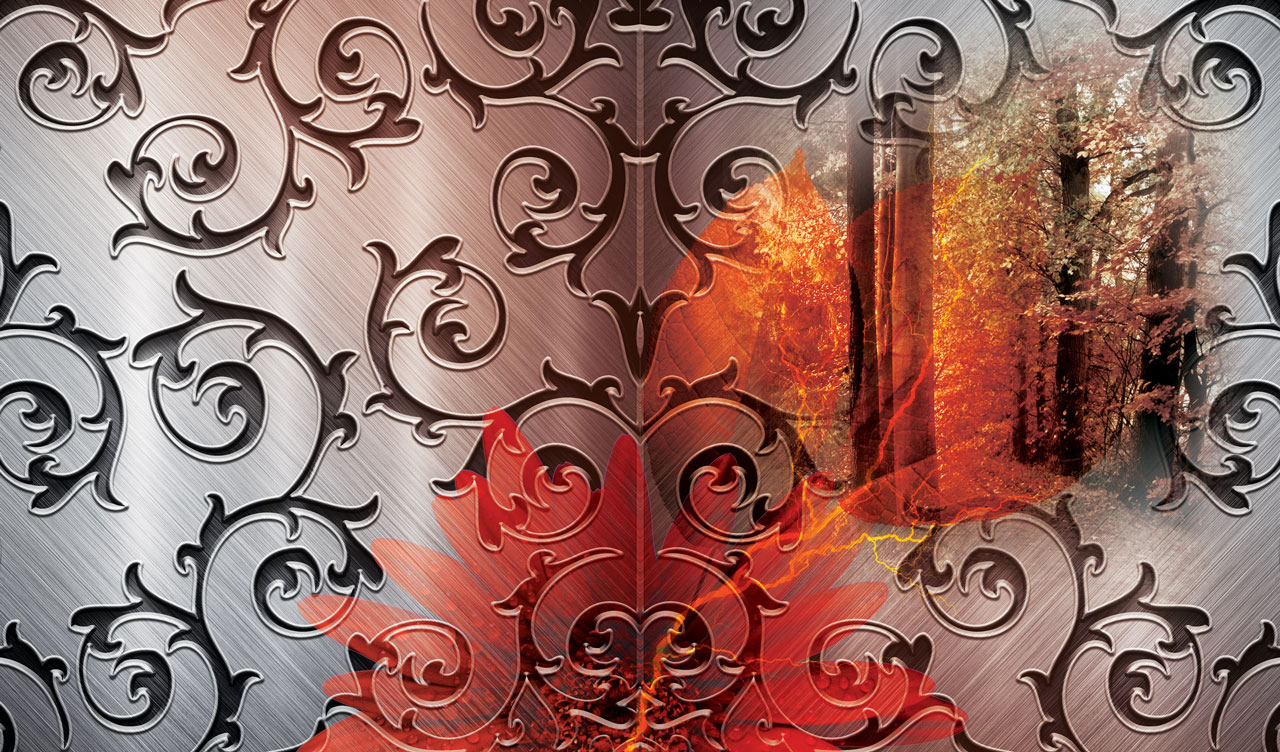 Decorative iron grill with red flower and forest on a steel background
