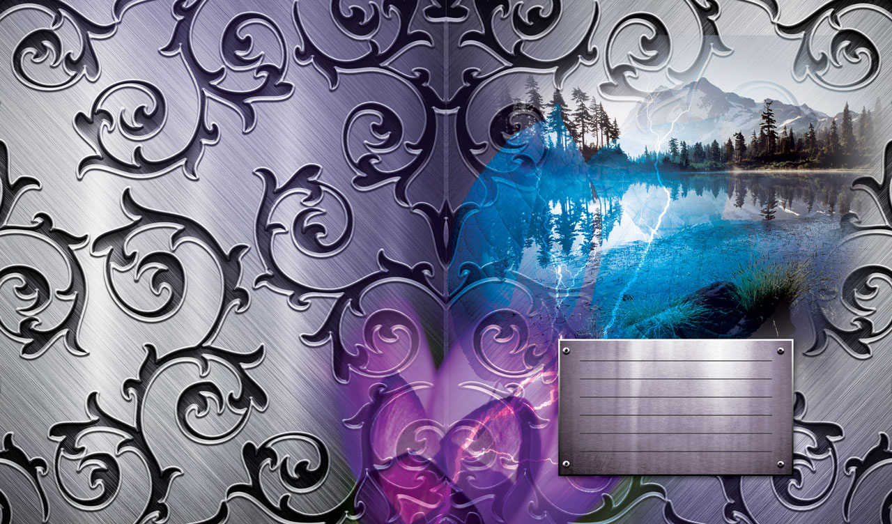 Decorative iron grill with purple flower and forest lake on a steel background